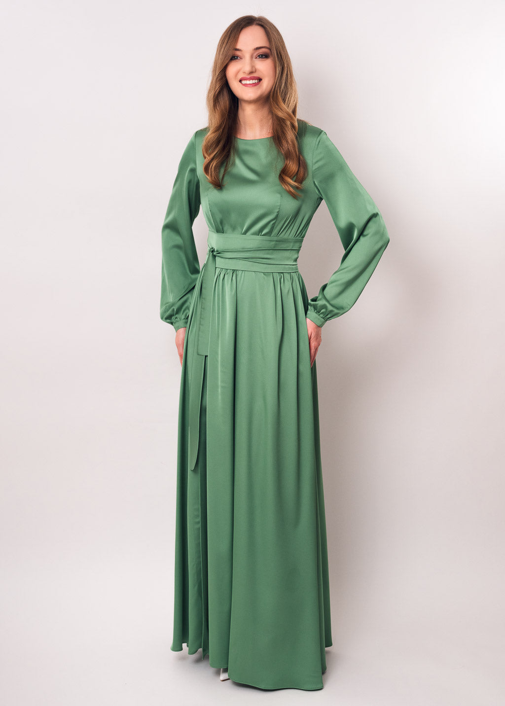 Olive green slit silk dress with belt