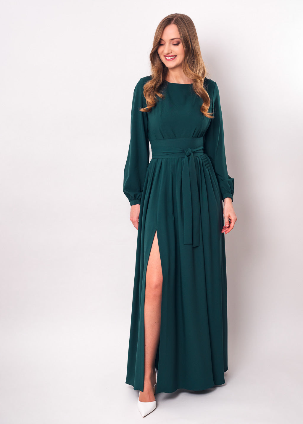 Dark green long dress with belt