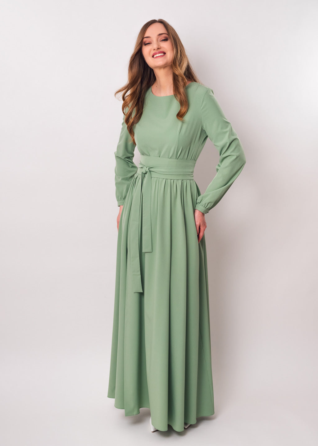 Sage green long dress with belt
