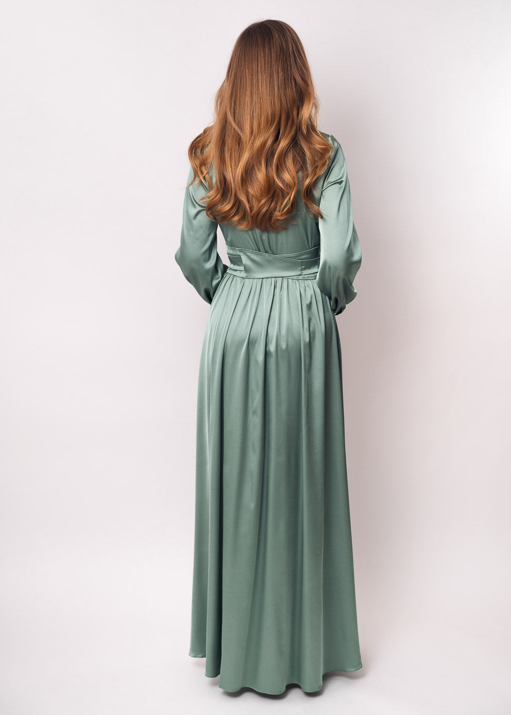 Sage green slit silk dress with belt