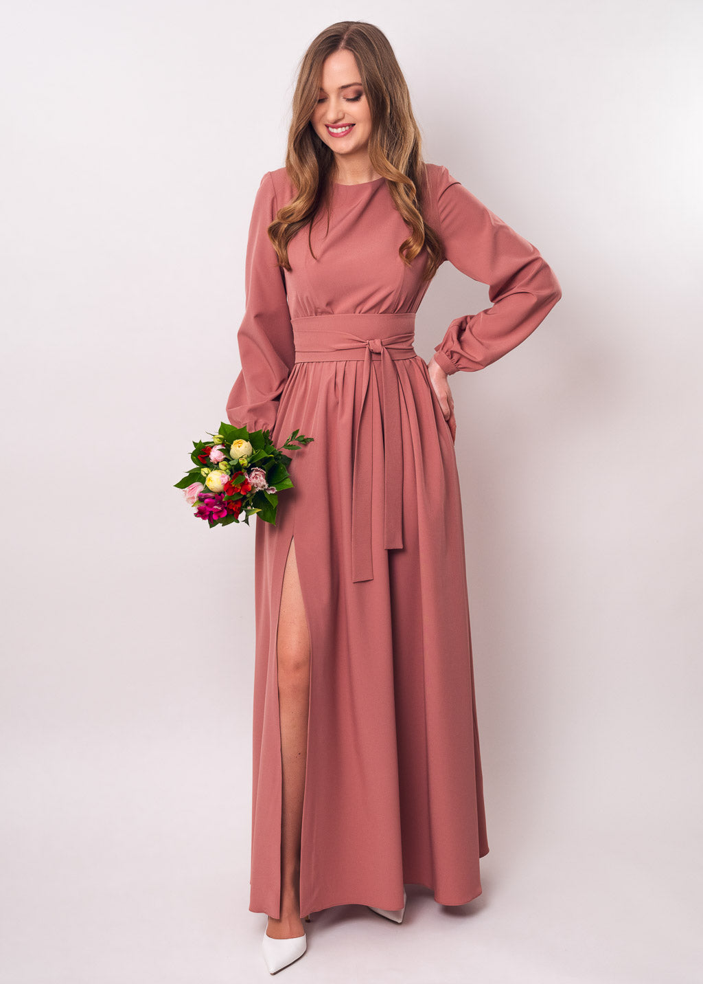 Rosewood slit dress with belt