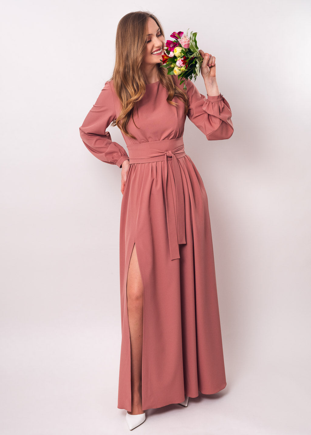 Rosewood long dress with belt