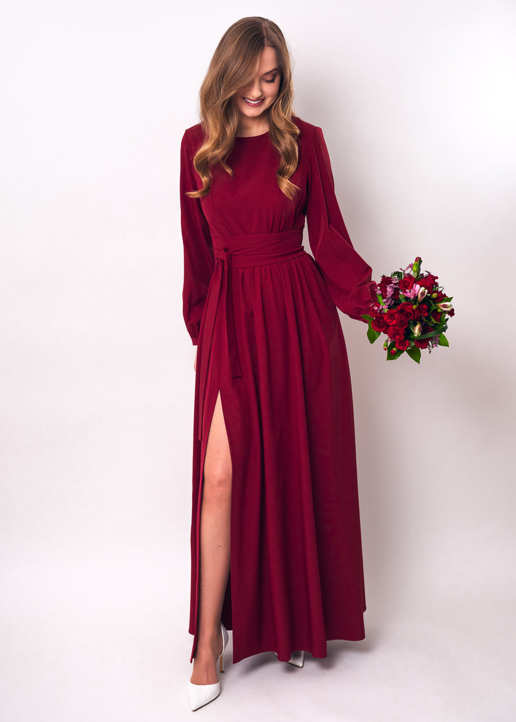 Burgundy slit dress with belt