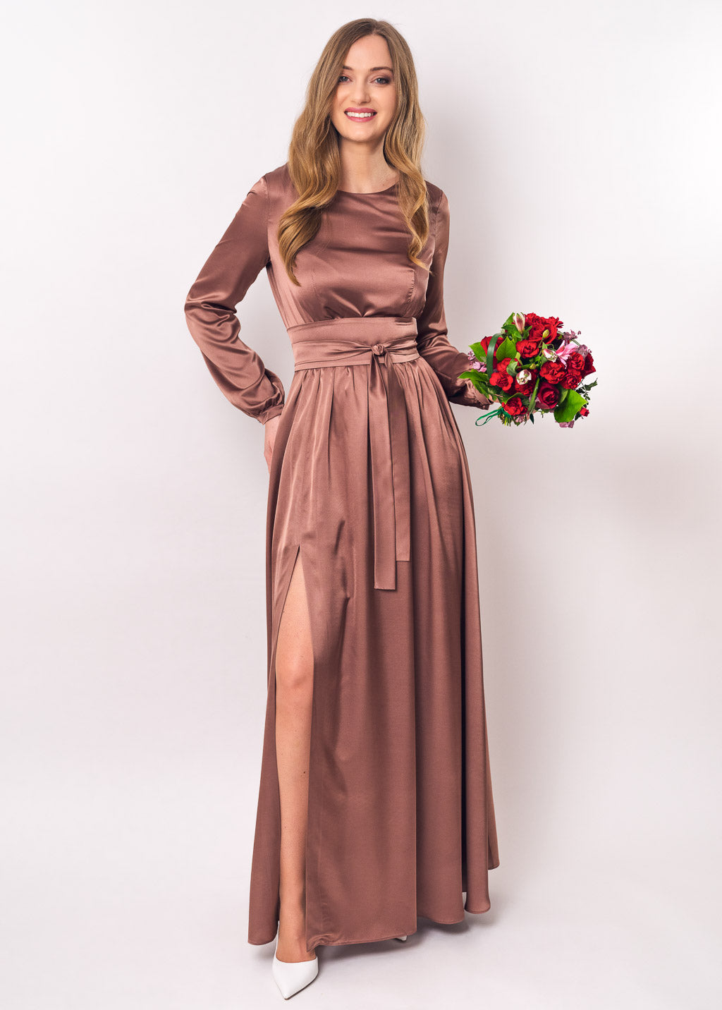 Cappuccino brown slit silk dress with belt
