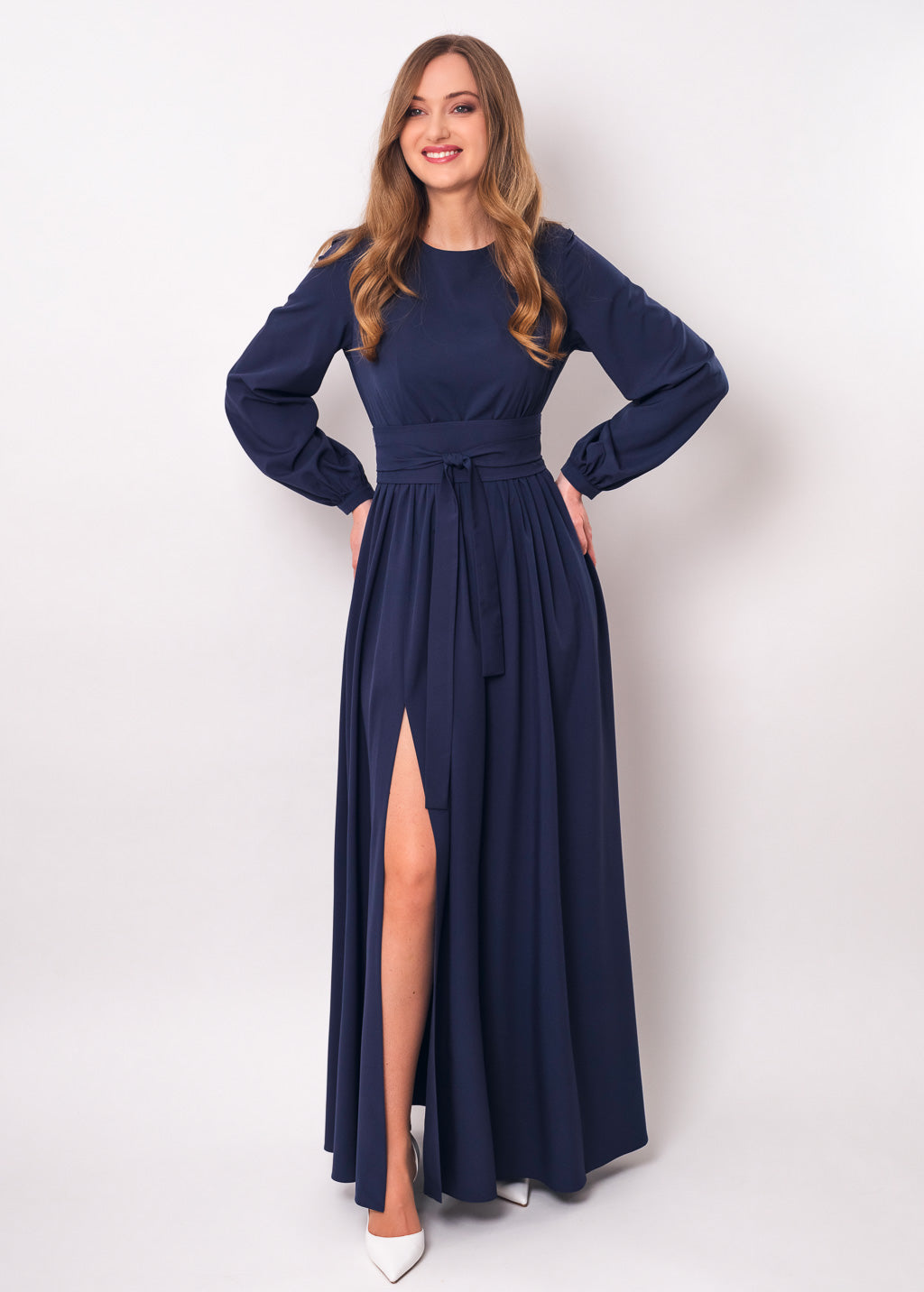 Navy blue long dress with belt