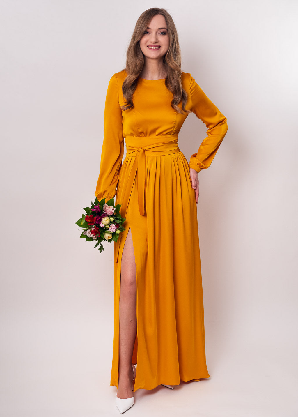 Gold slit silk dress with belt