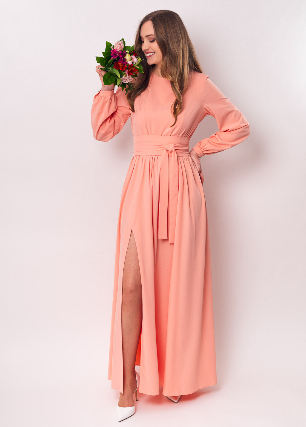 Blush pink slit dress with belt