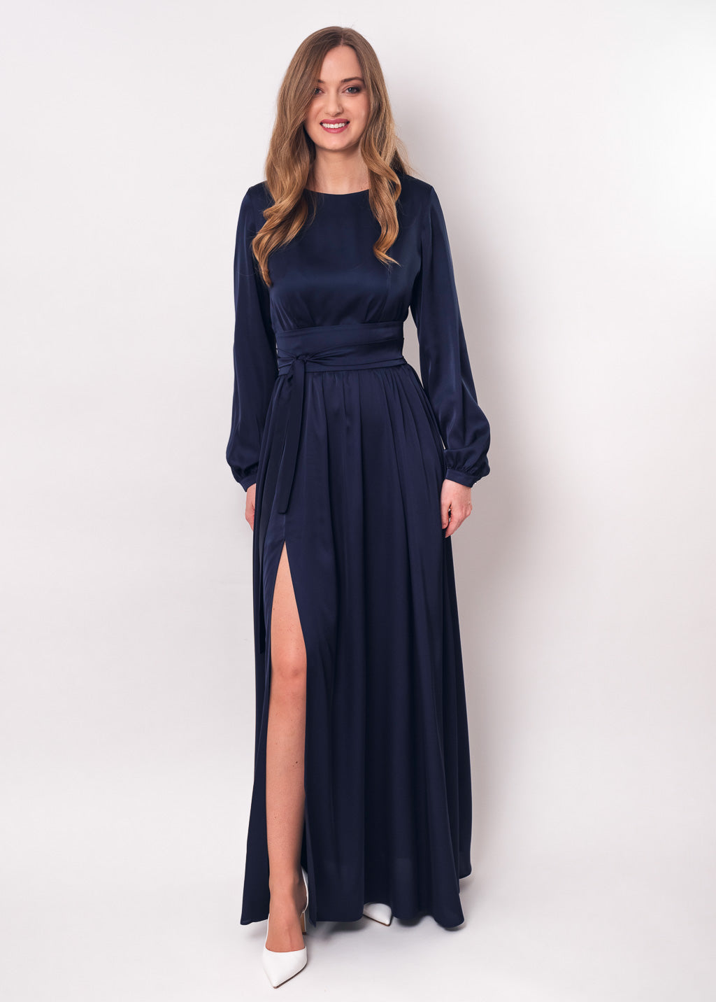 Navy blue slit silk dress with belt