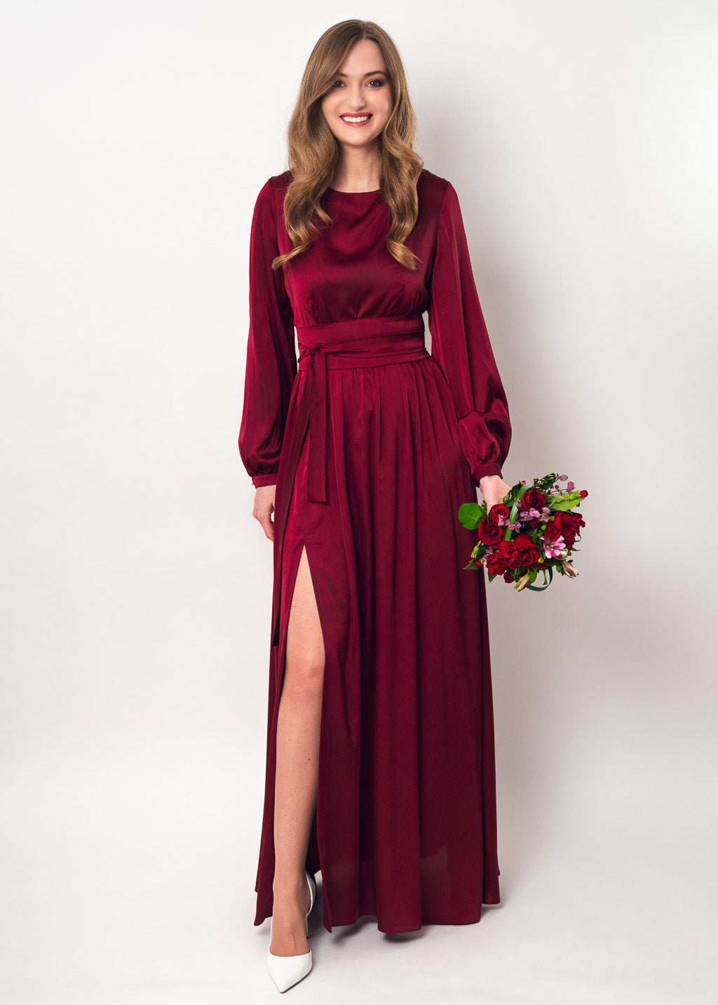 Burgundy slit silk dress with belt