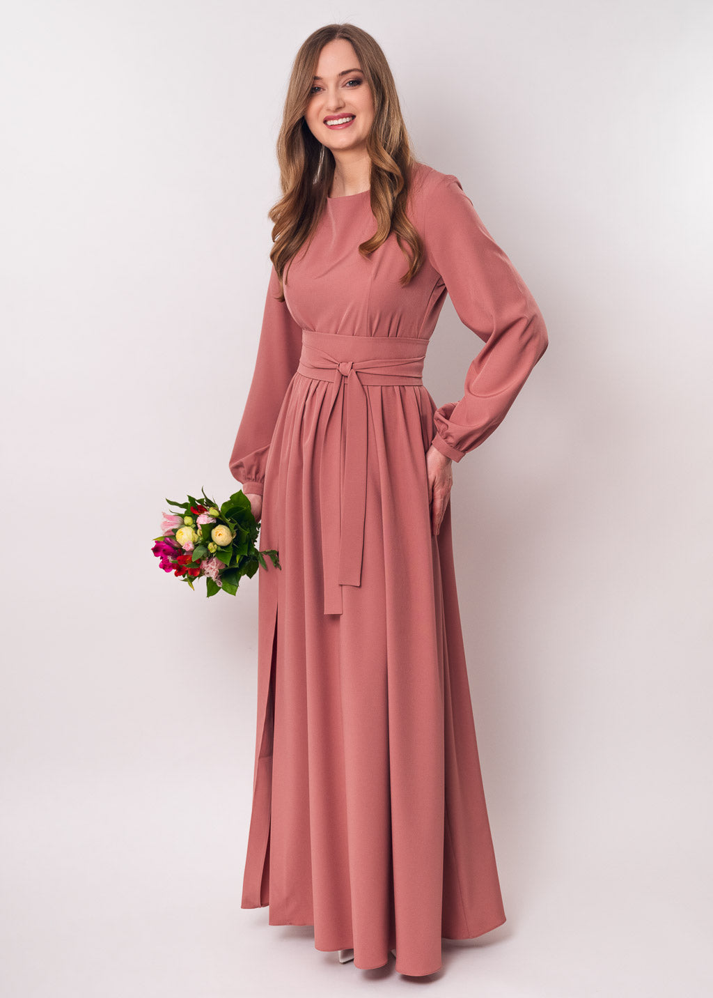 Rosewood slit dress with belt