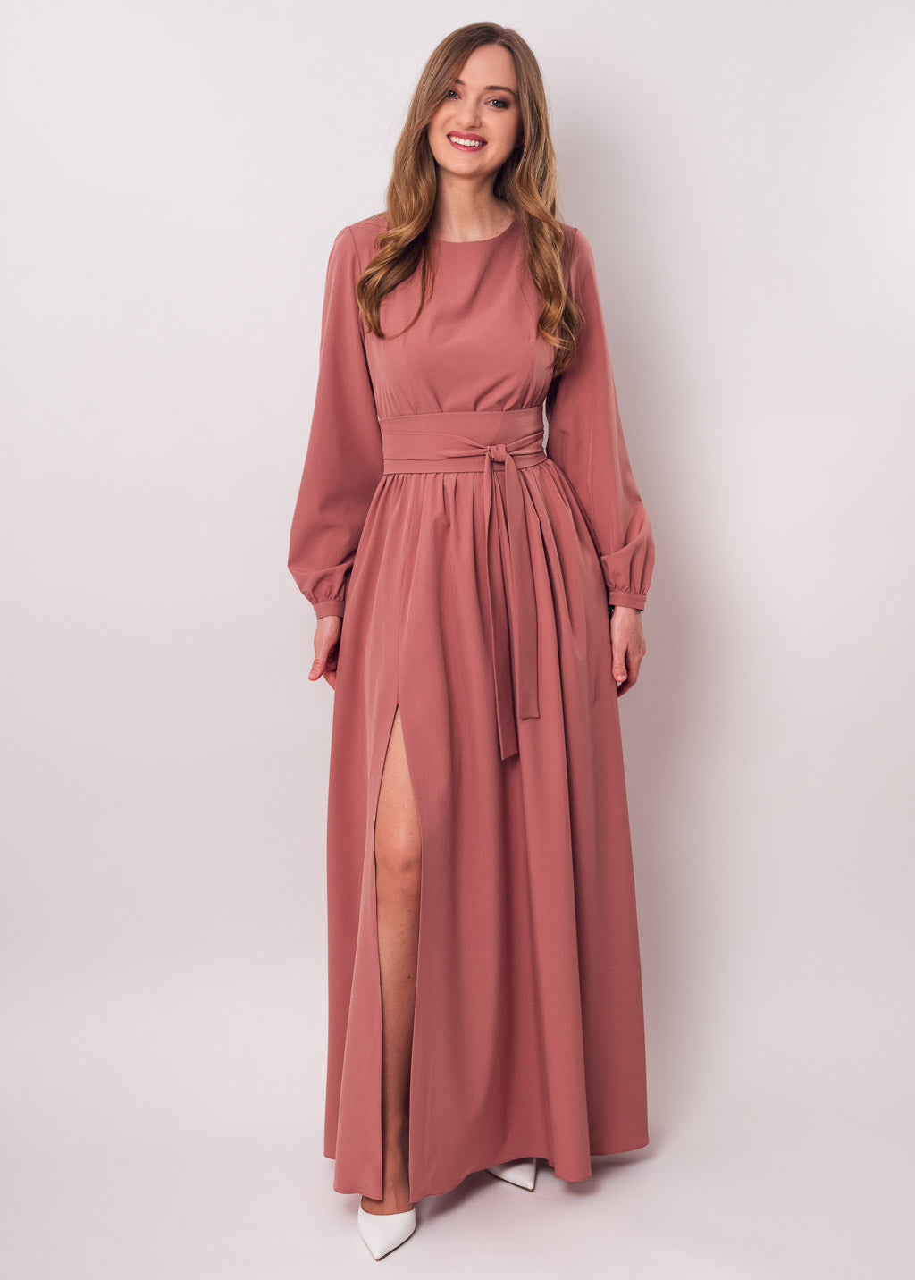 Rosewood long dress with belt