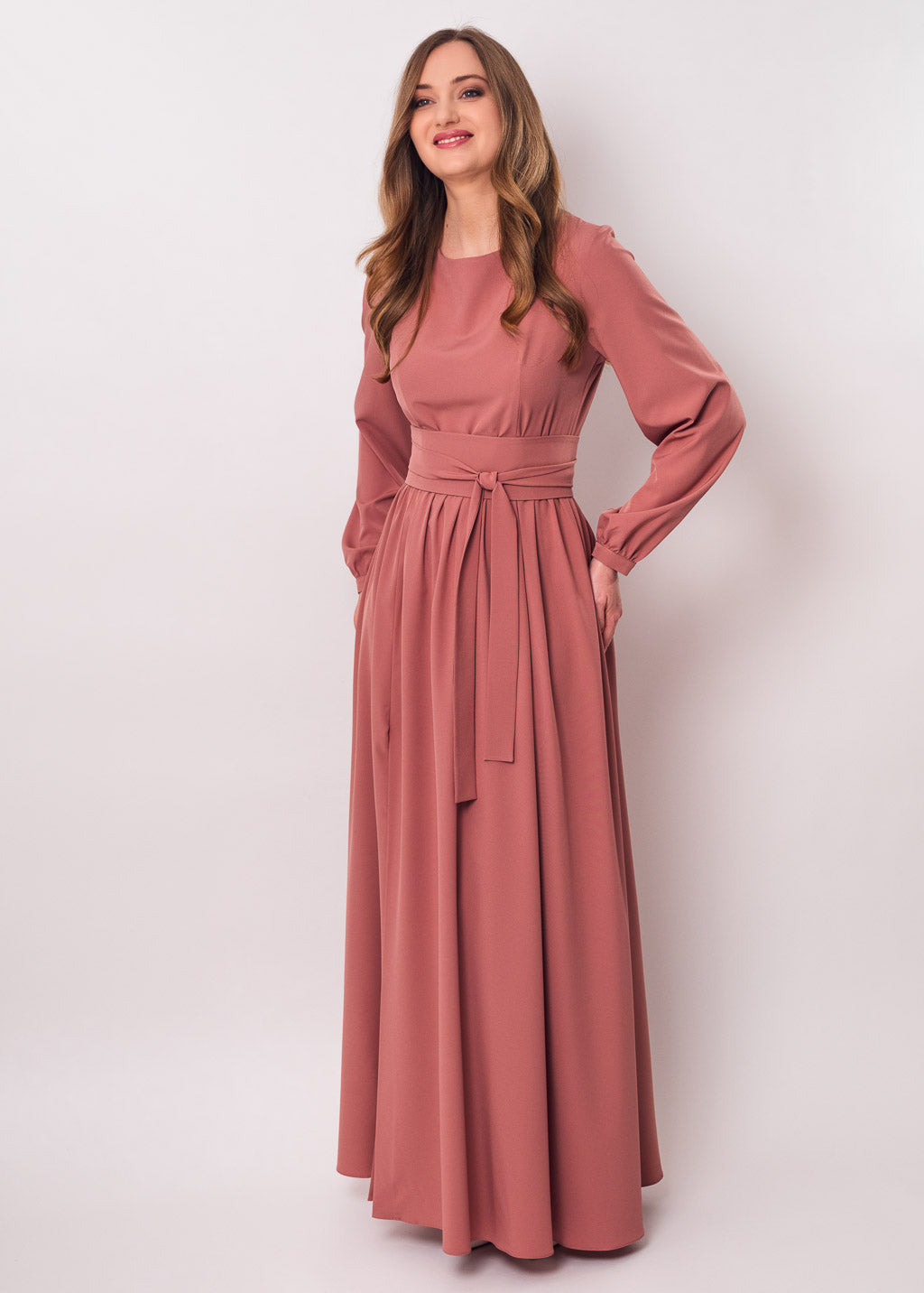 Rosewood long dress with belt