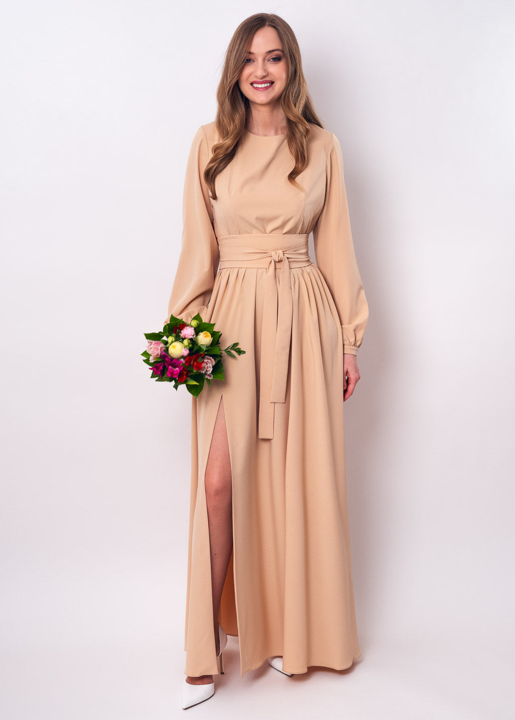 Champagne beige slit dress with belt