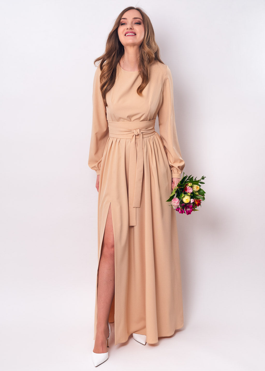 Champagne beige long dress with belt