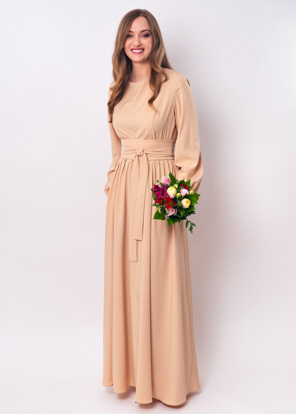 Champagne beige slit dress with belt