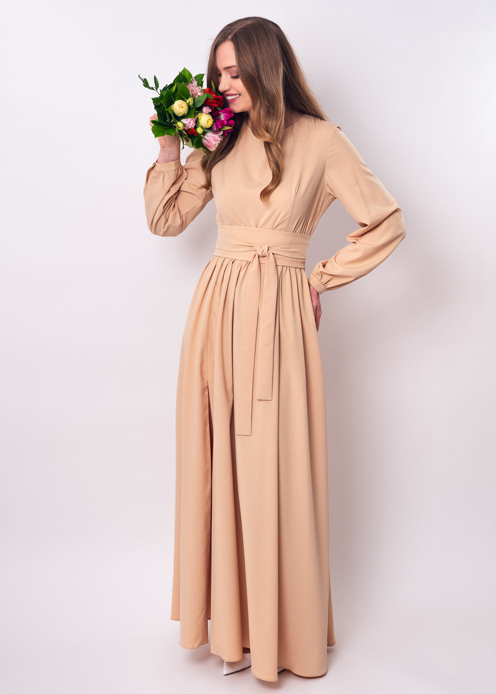 Champagne beige long dress with belt