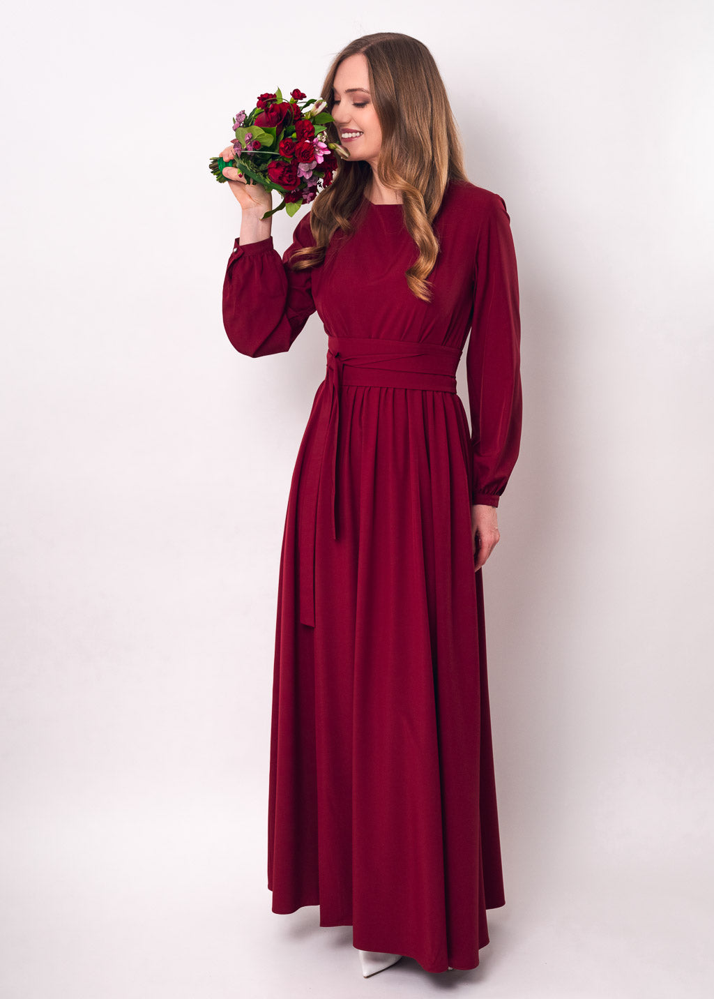 Burgundy slit dress with belt