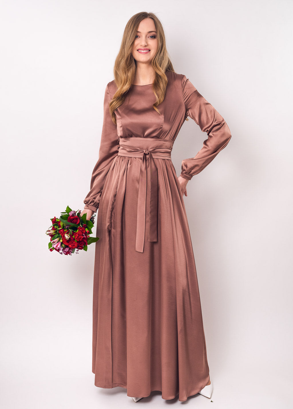 Cappuccino brown slit silk dress with belt