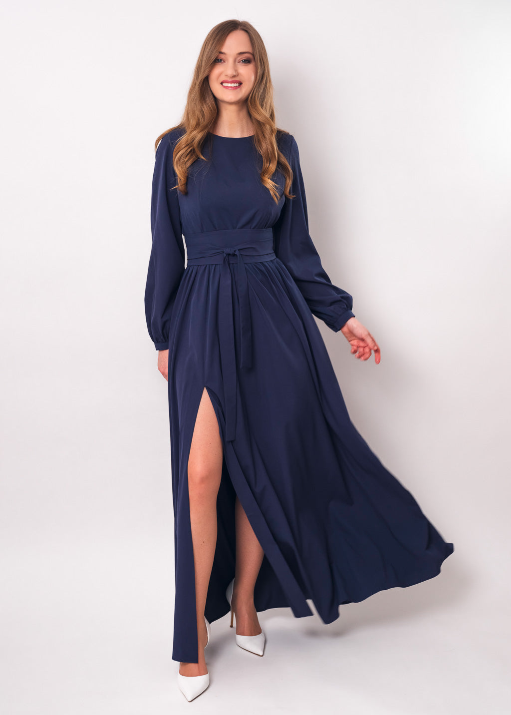 Navy blue slit dress with belt