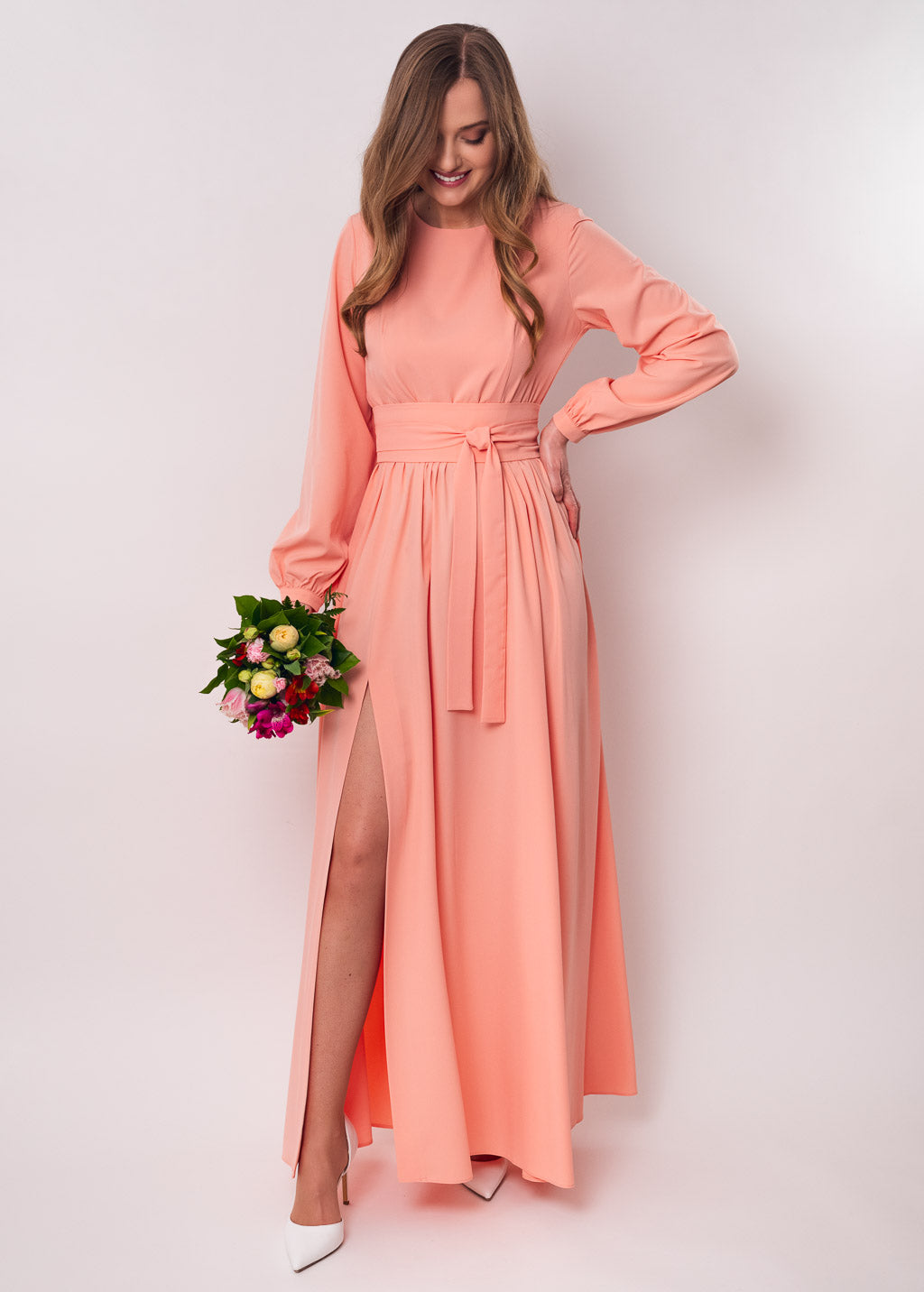 Blush pink slit dress with belt