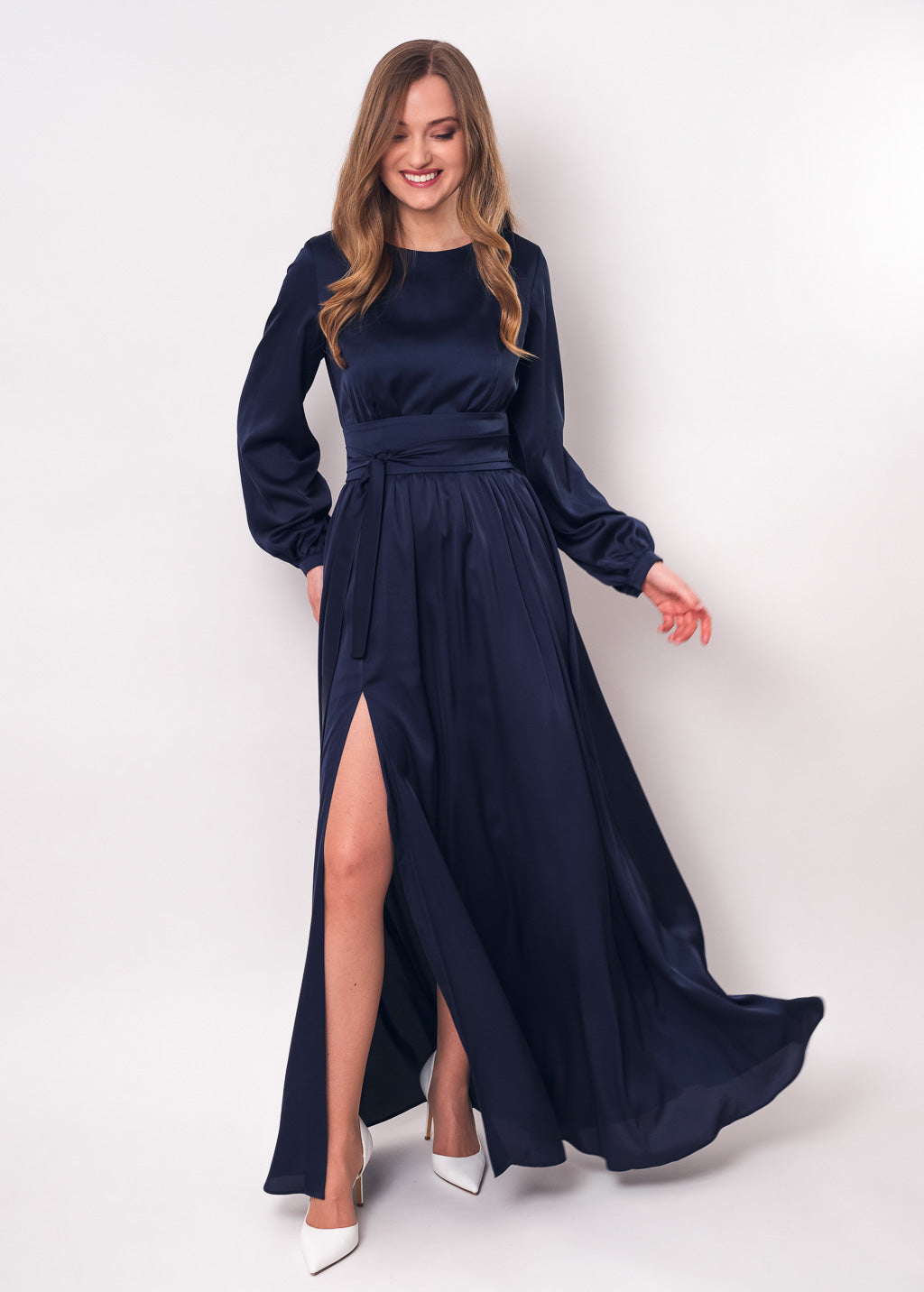 Navy blue long silk dress with belt