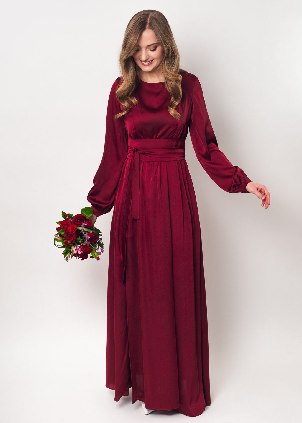 Burgundy long silk dress with belt