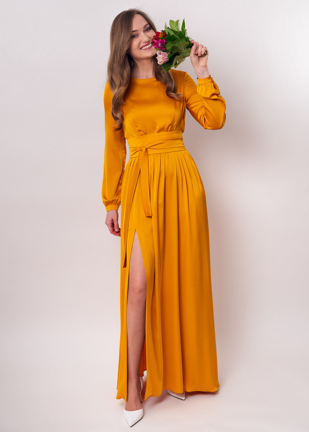 Gold slit silk dress with belt