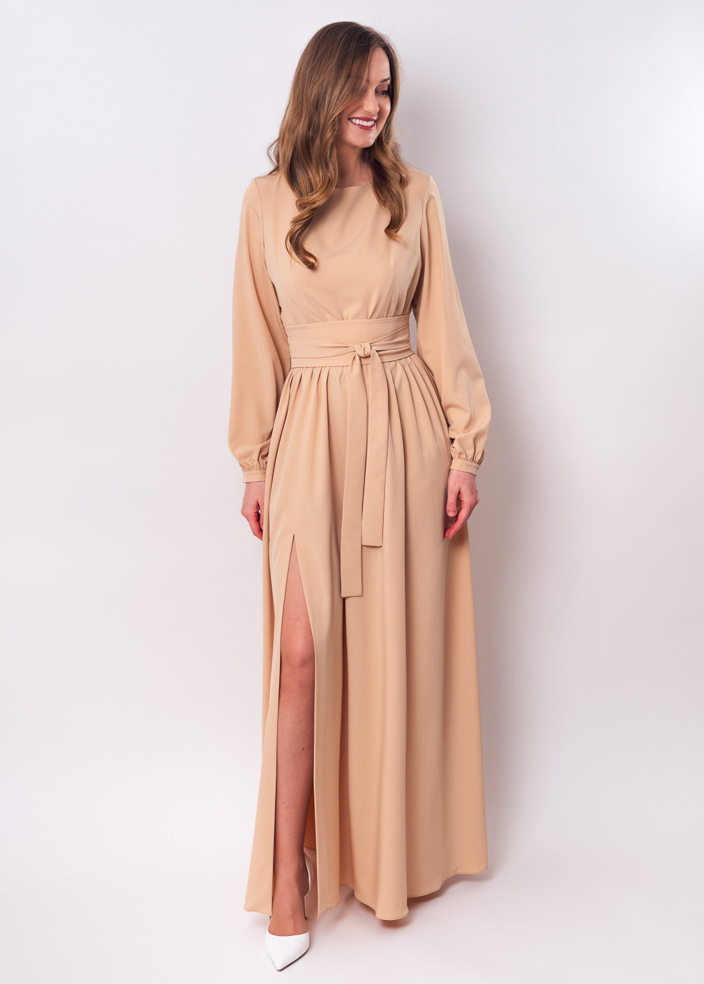 Champagne beige slit dress with belt