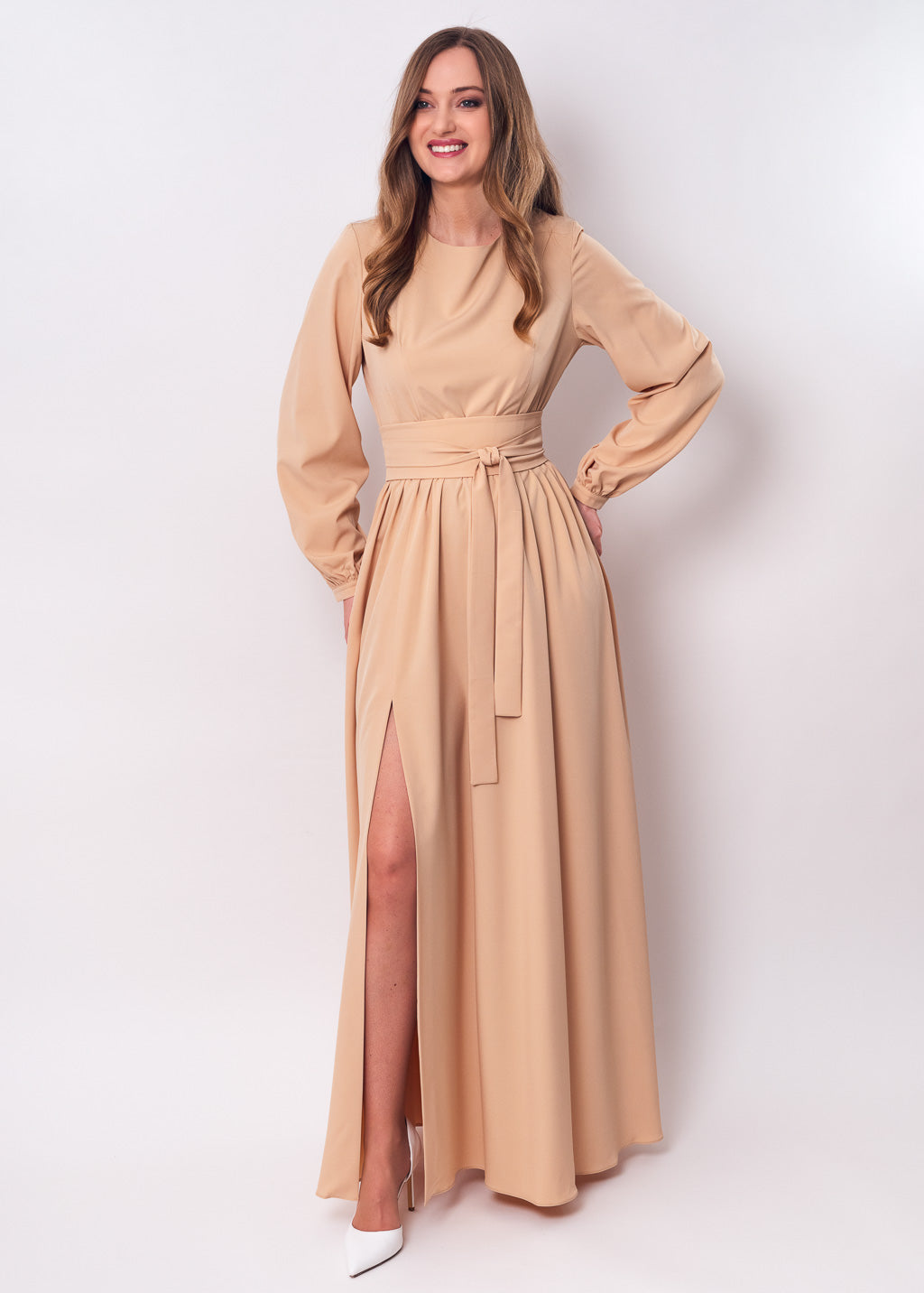 Champagne beige long dress with belt