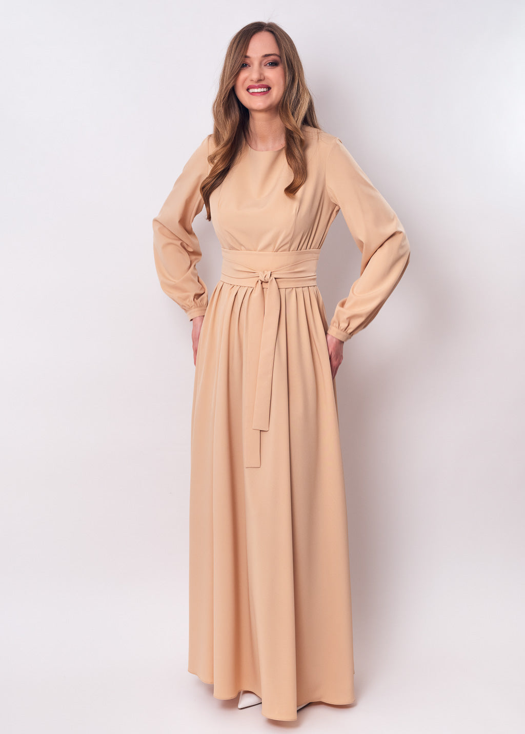 Champagne beige long dress with belt