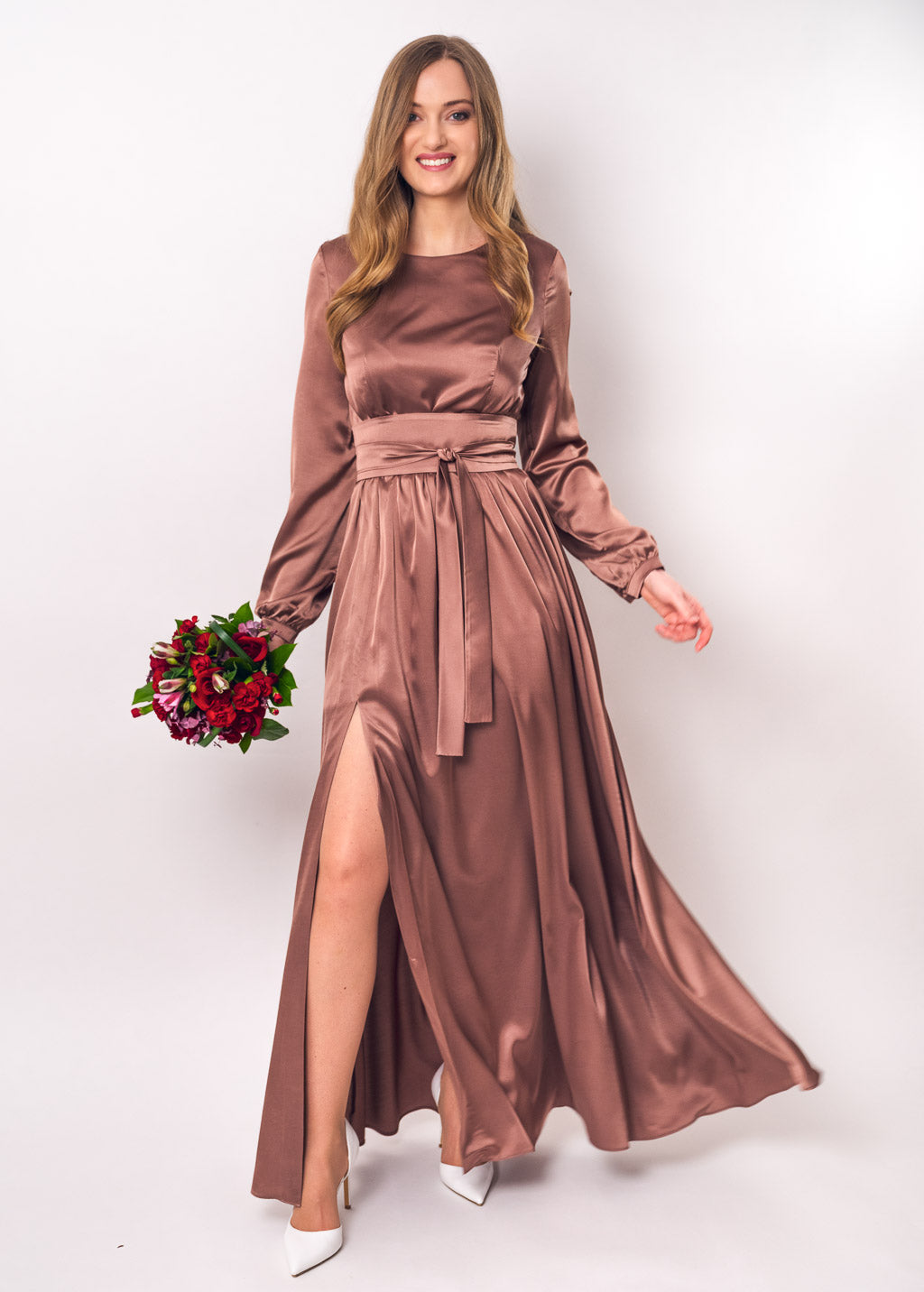Cappuccino brown long silk dress with belt