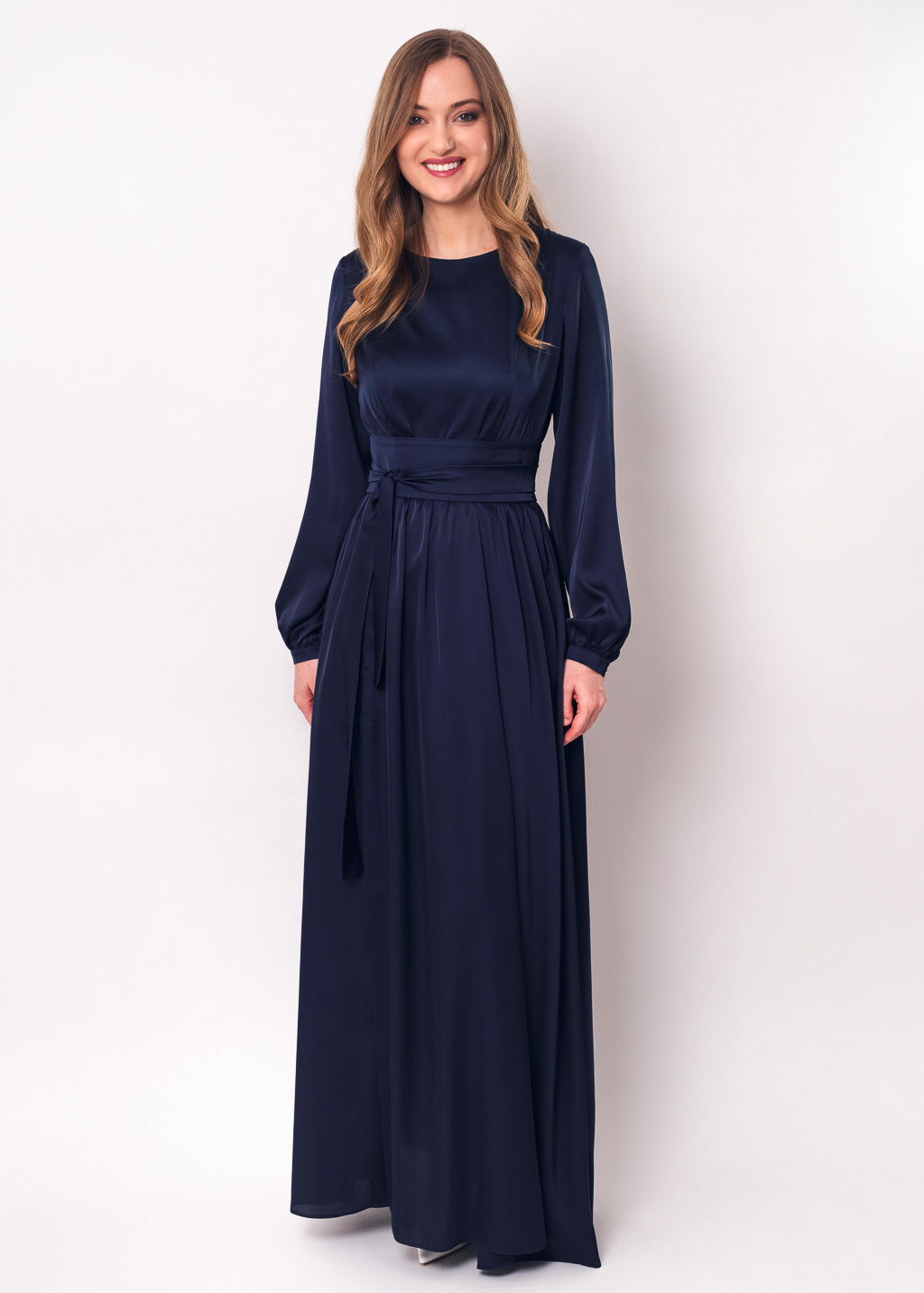 Navy blue slit silk dress with belt