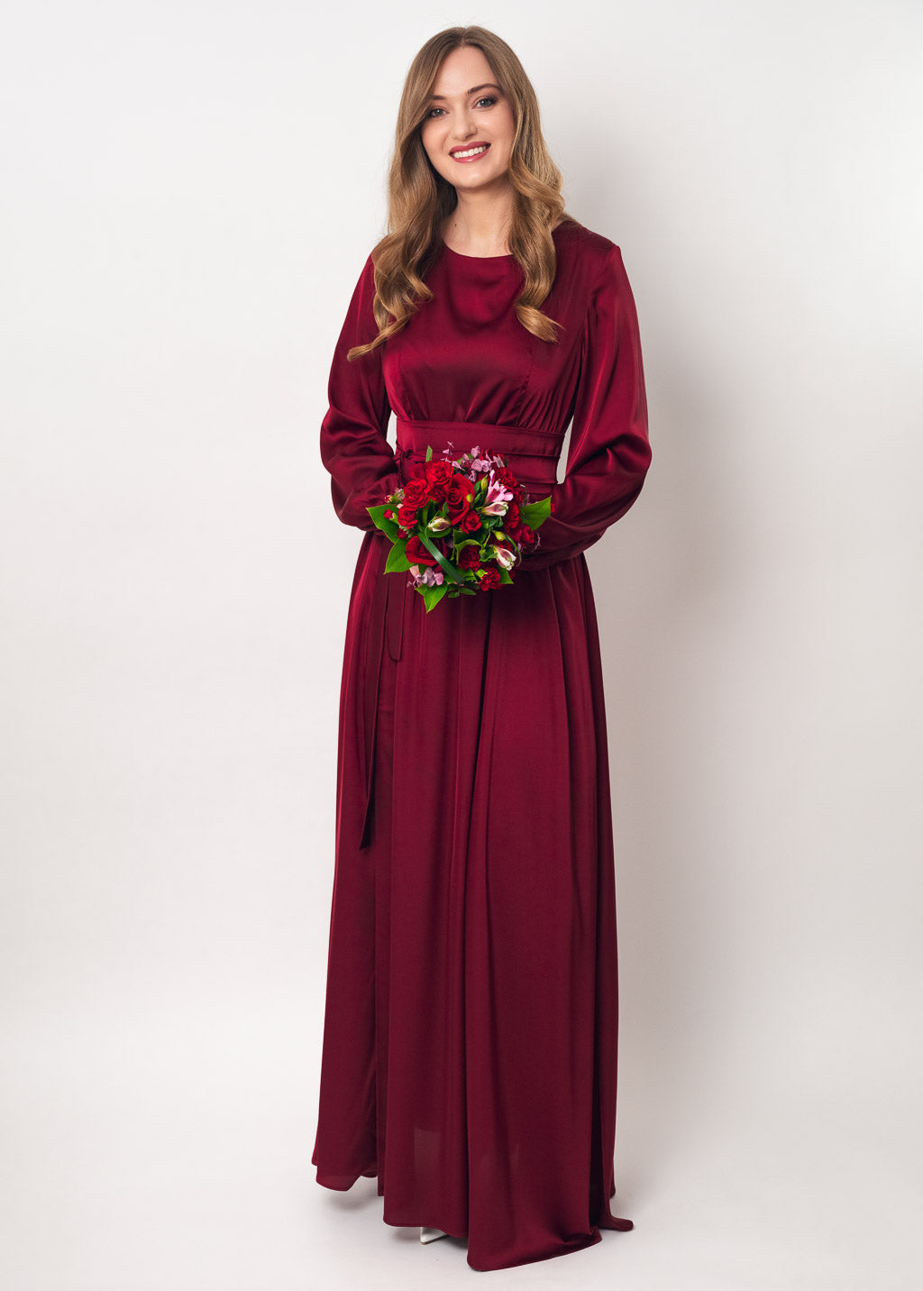 Burgundy long silk dress with belt