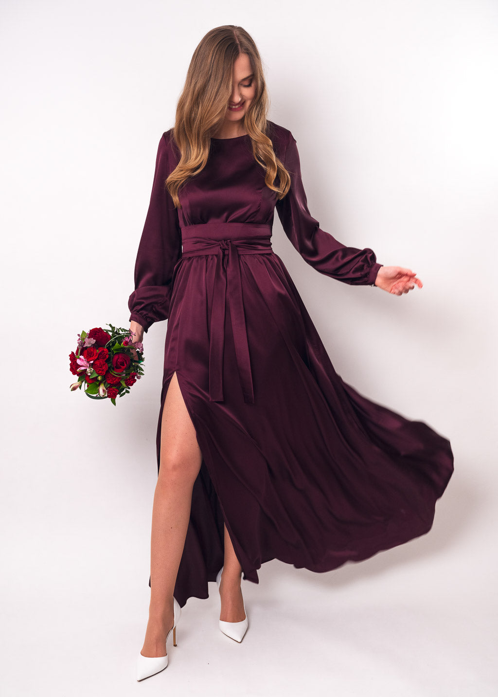 Dark burgundy slit silk dress with belt