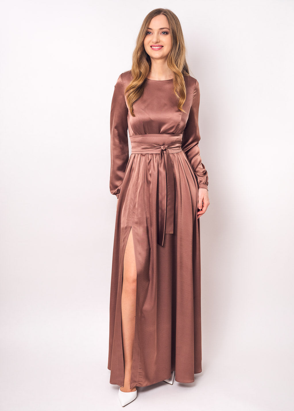 Cappuccino brown long silk dress with belt