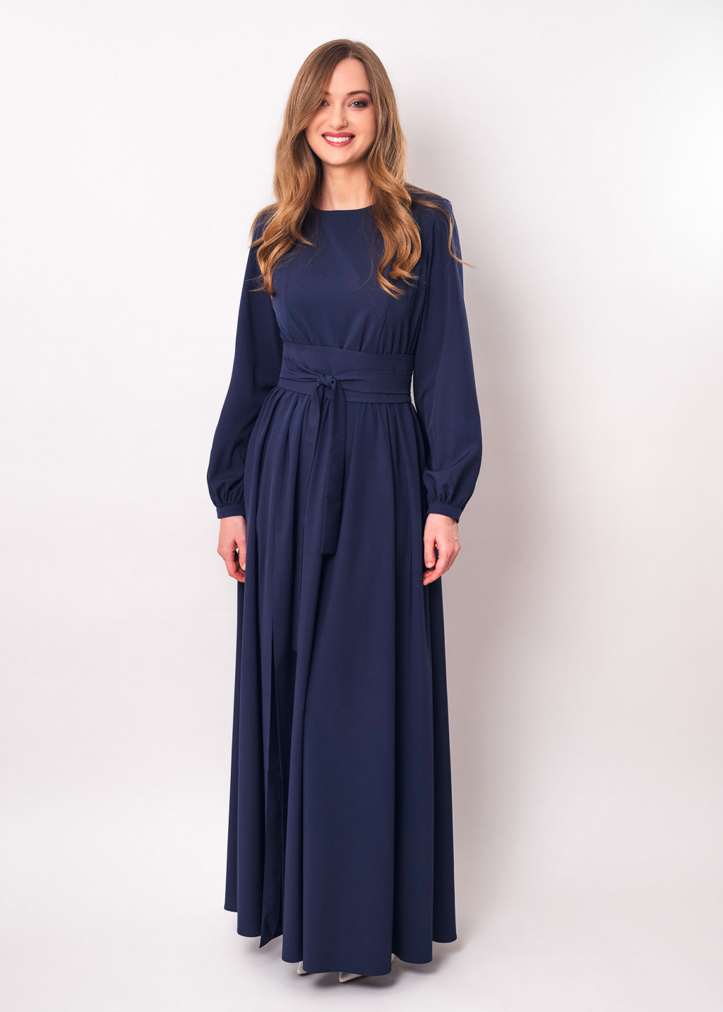 Navy blue slit dress with belt