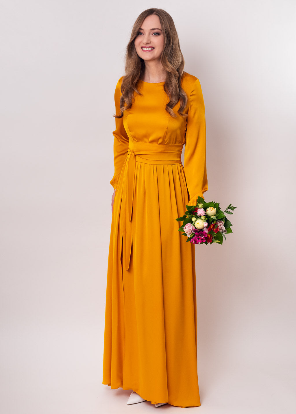 Gold long silk dress with belt