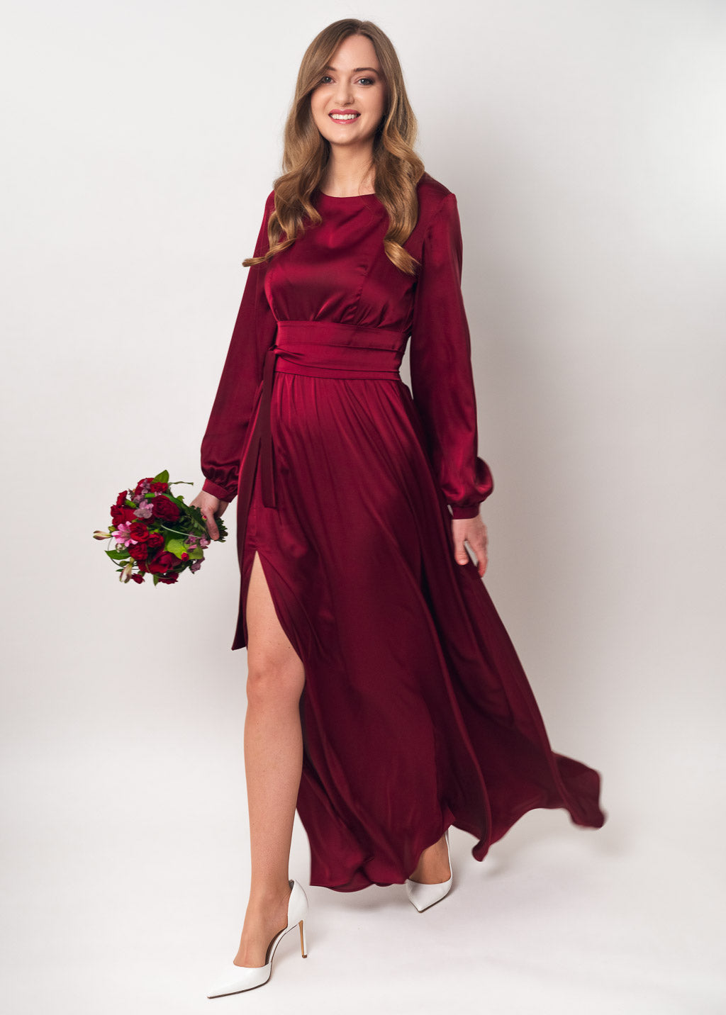 Burgundy slit silk dress with belt