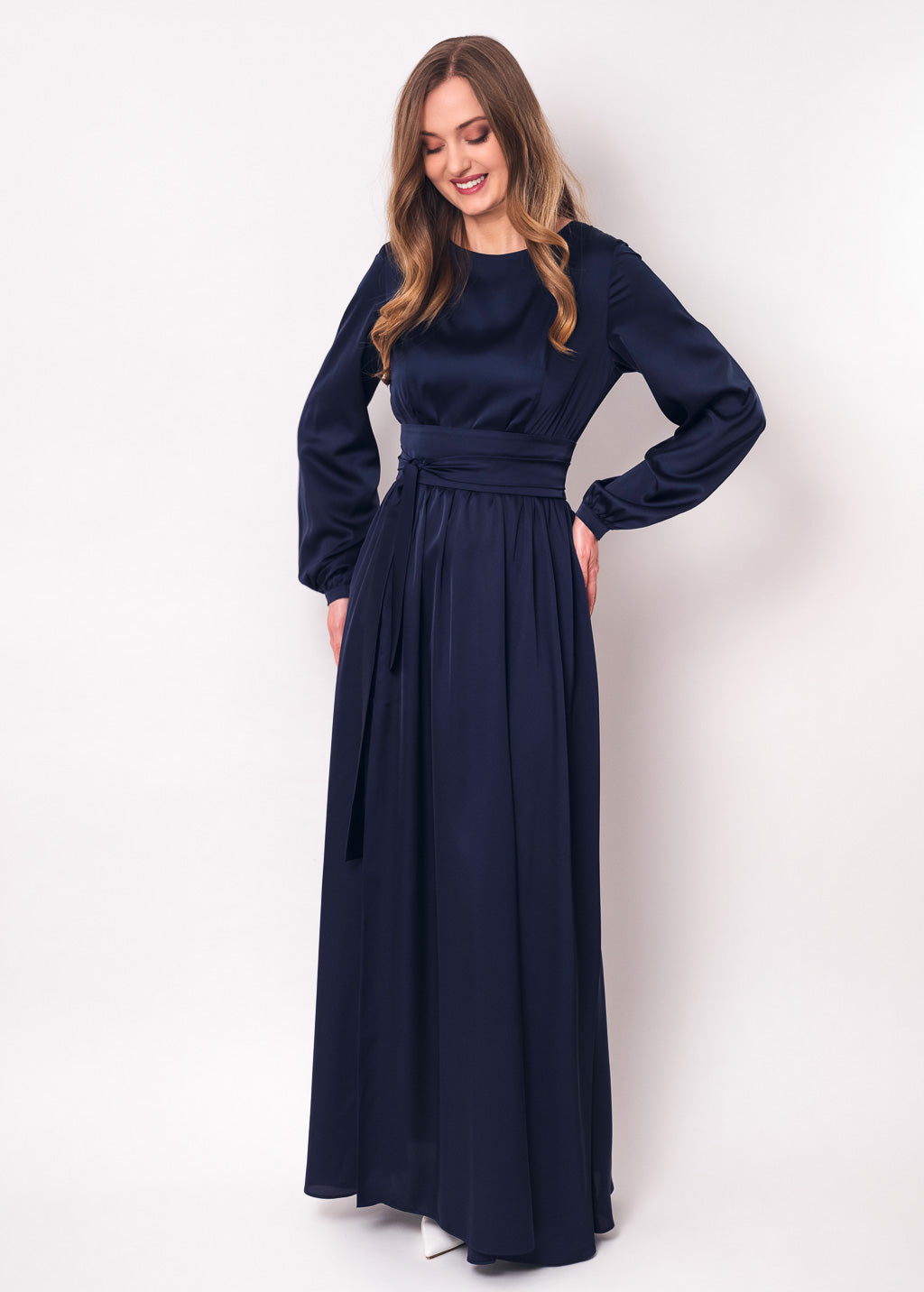Navy blue slit silk dress with belt