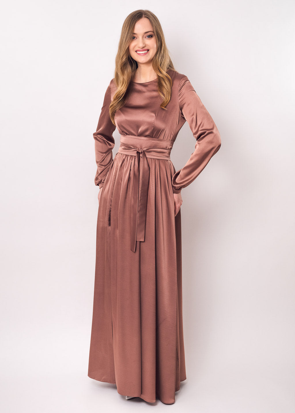 Cappuccino brown slit silk dress with belt