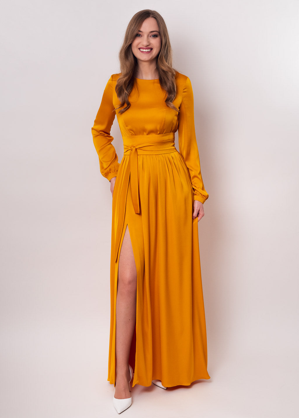 Gold long silk dress with belt