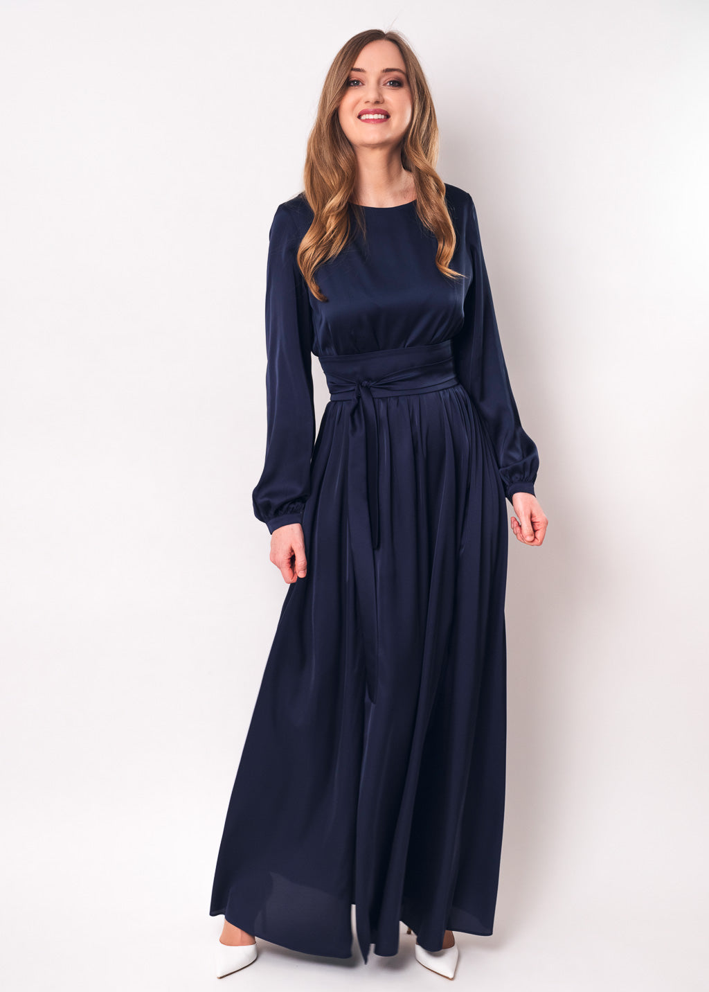 Navy blue long silk dress with belt