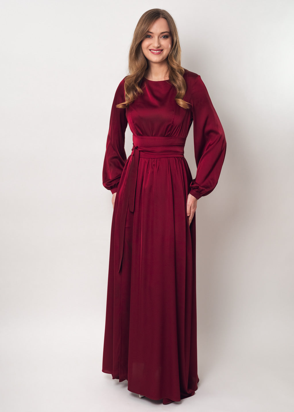 Burgundy slit silk dress with belt