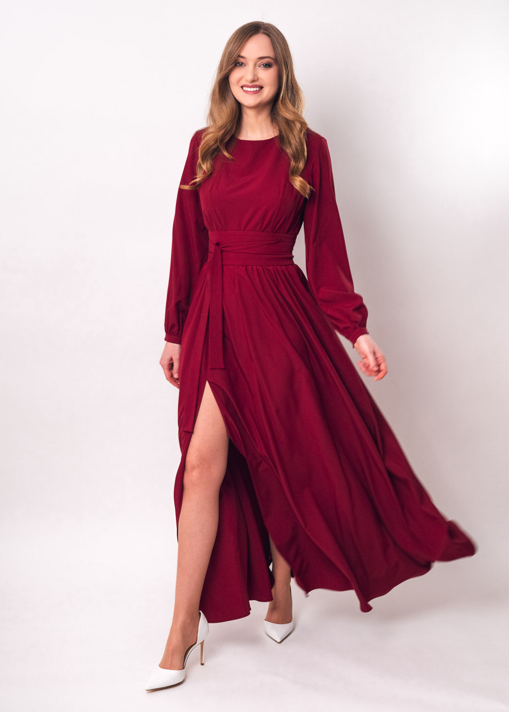 Burgundy slit dress with belt