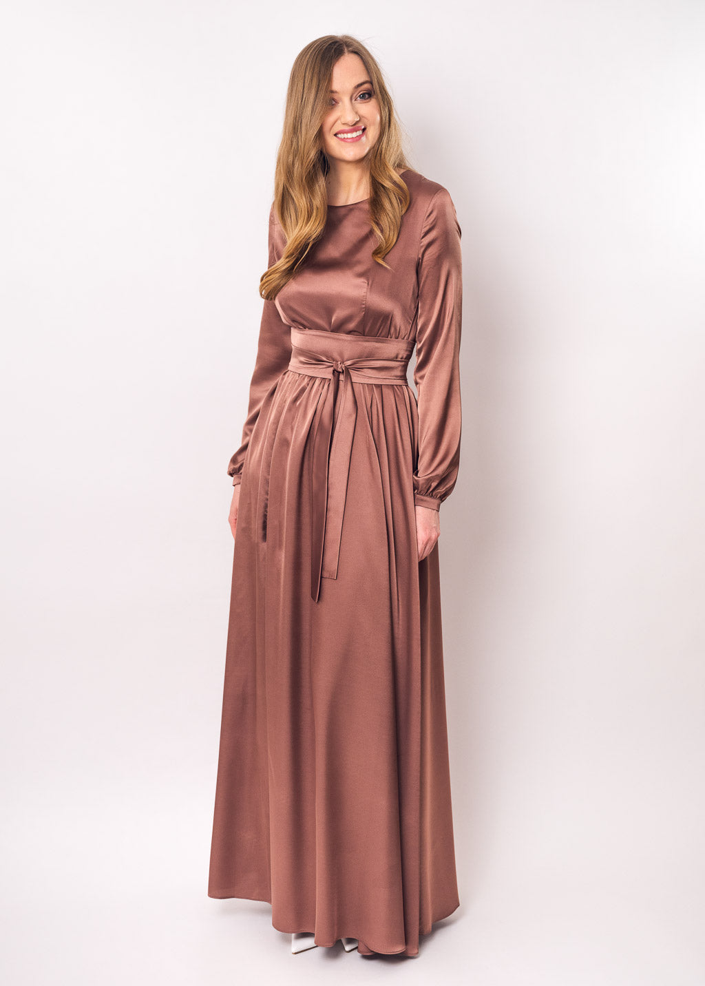 Cappuccino brown slit silk dress with belt