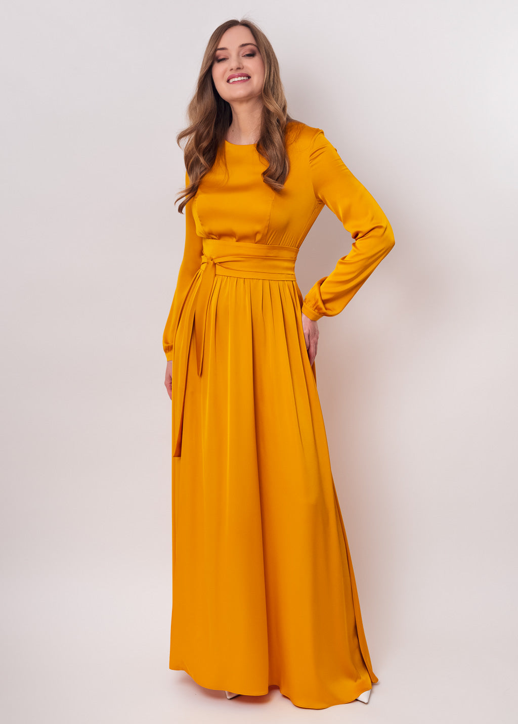 Gold long silk dress with belt