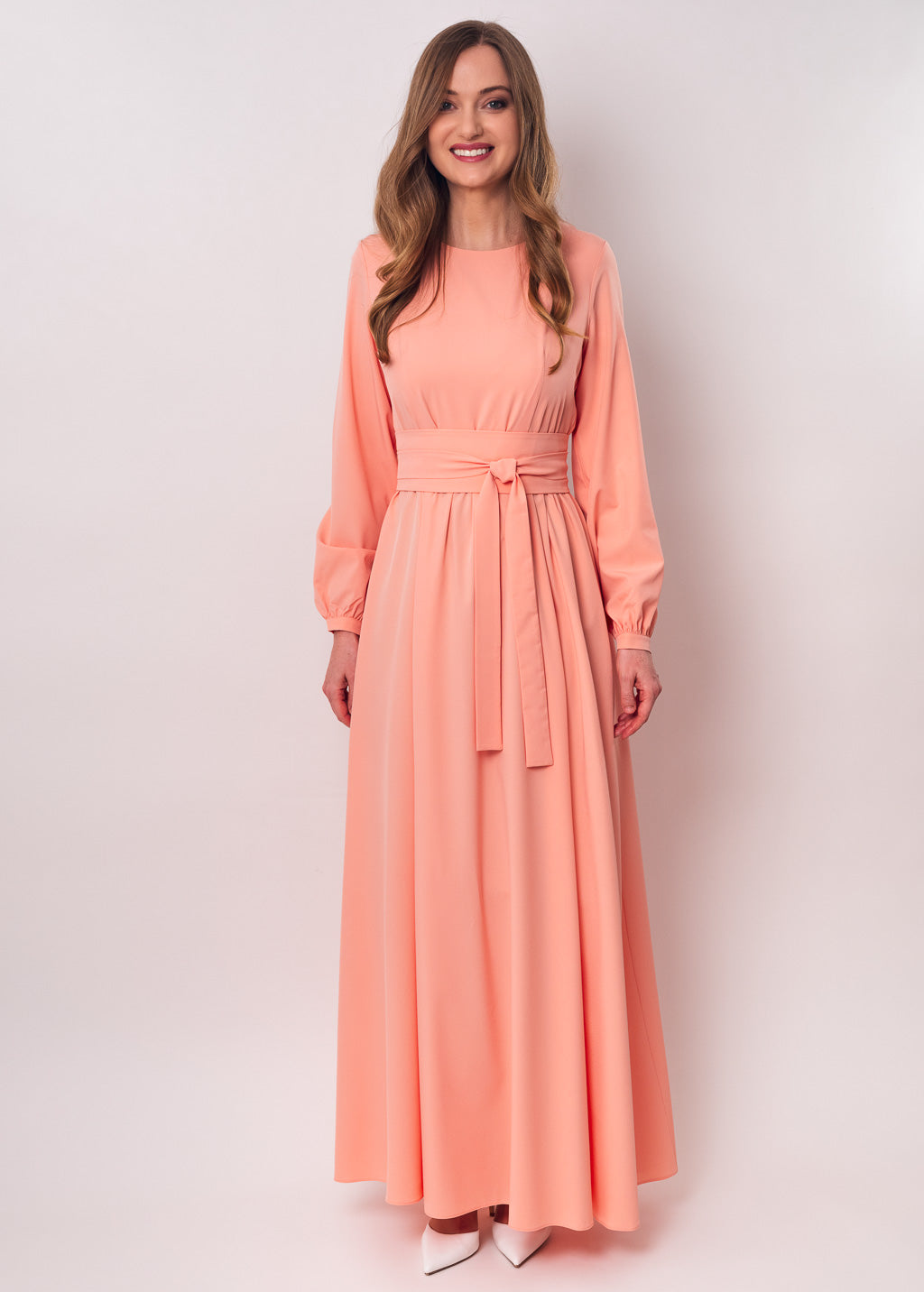 Blush pink long dress with belt