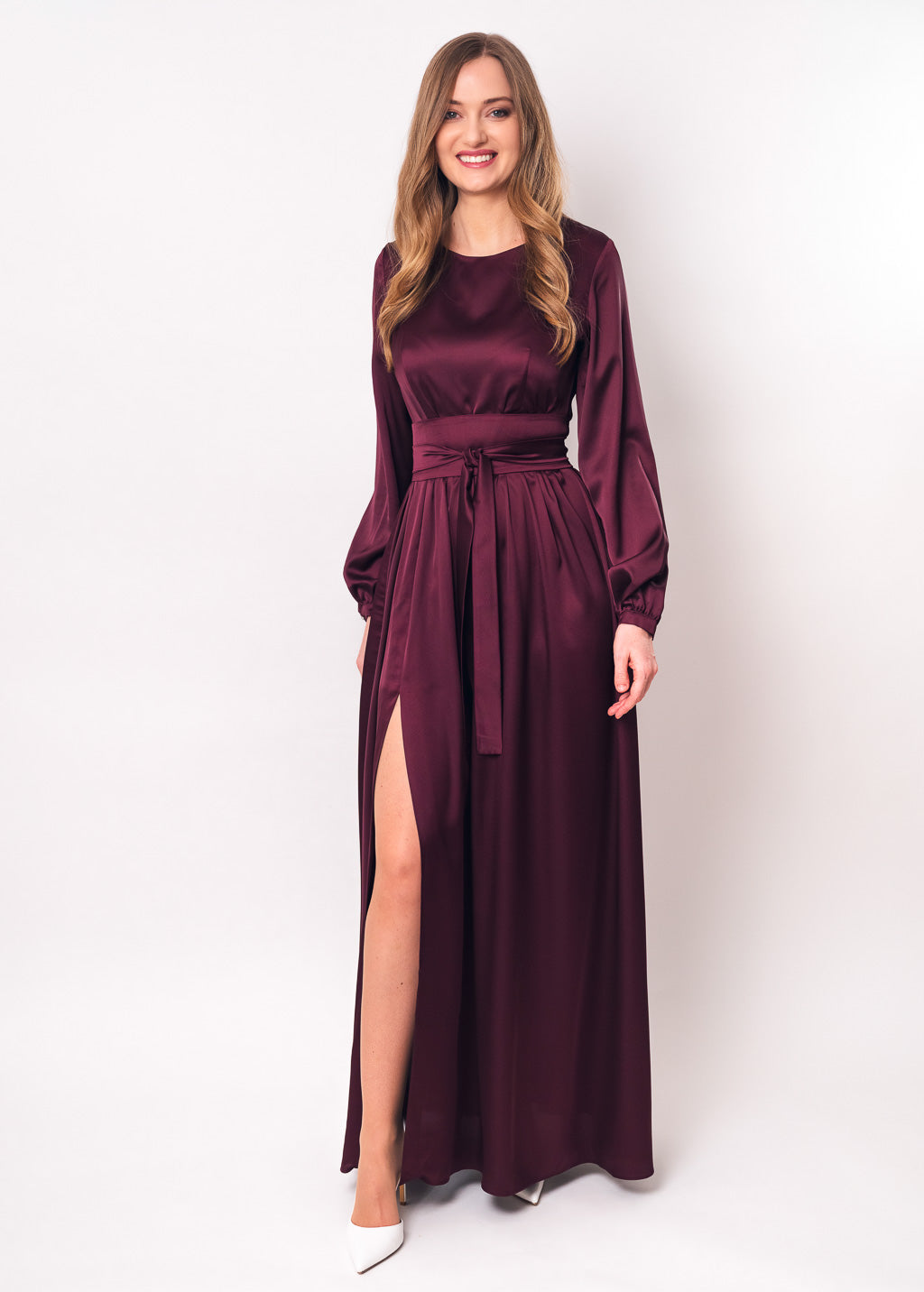 Dark burgundy long silk dress with belt