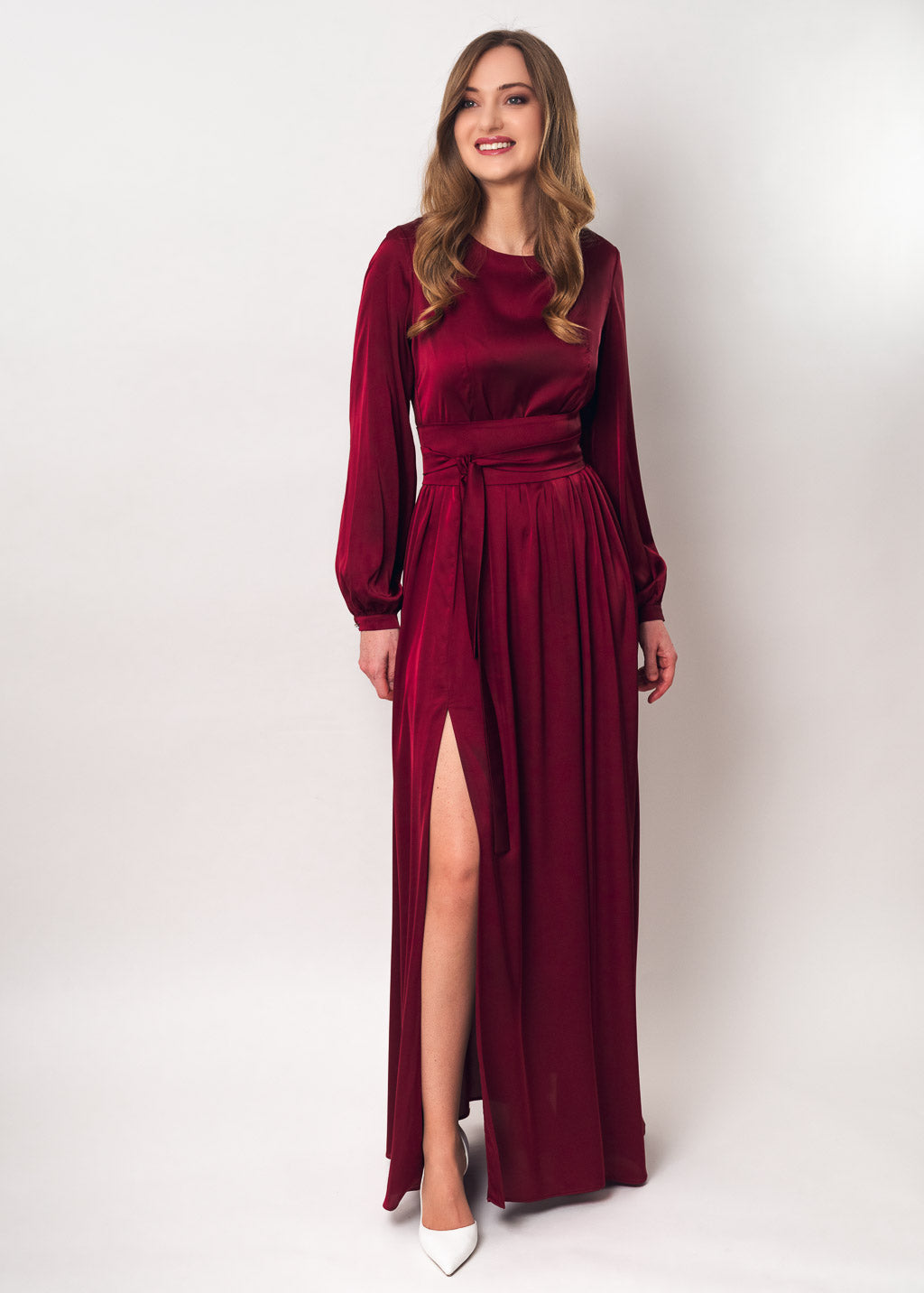 Burgundy long silk dress with belt