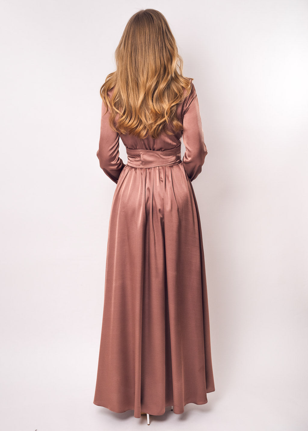 Cappuccino brown slit silk dress with belt